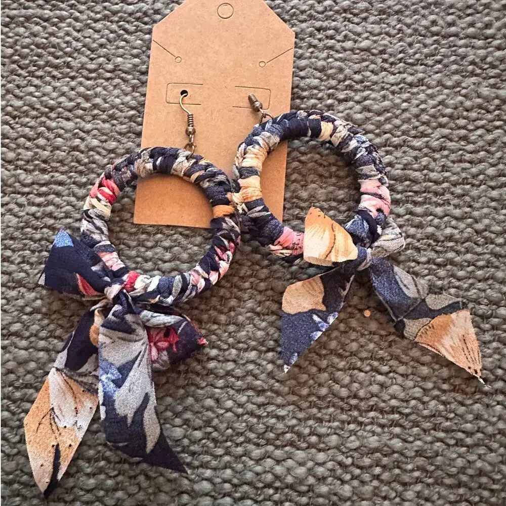 Navy Floral Fabric Wrapped Hoop Earrings.